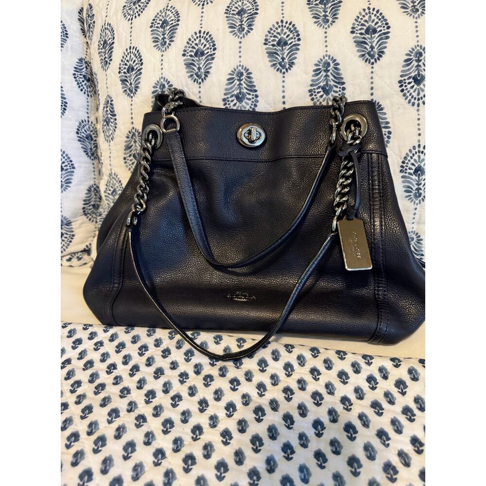 Coach Turnlock Edie Shoulder Bag Dark Blue Pebbled Leather Pewter